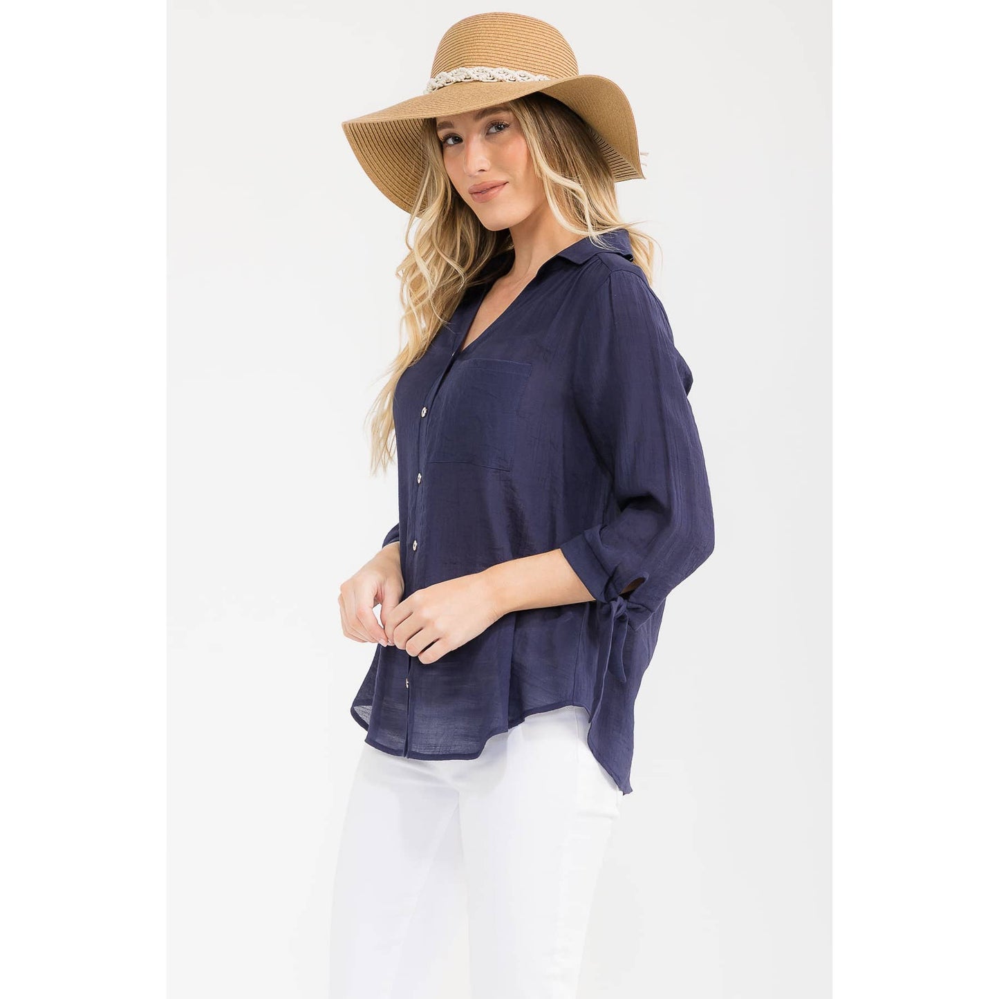 PAPAYA GAUZE COLLAR TIE SLEEVE SHIRT