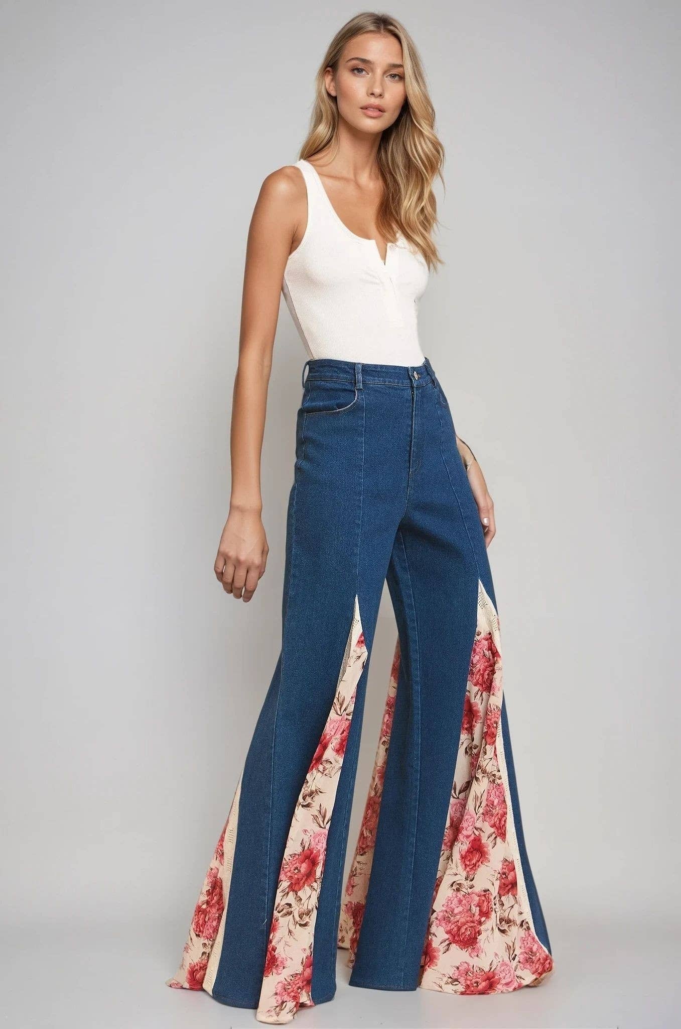 Wisteria Lane FLORAL PRINT LACE DETAIL WIDE LEG DENIM JEANS