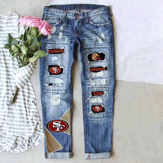 Ripped Jeans Women SF Patch Straight Denim Pants