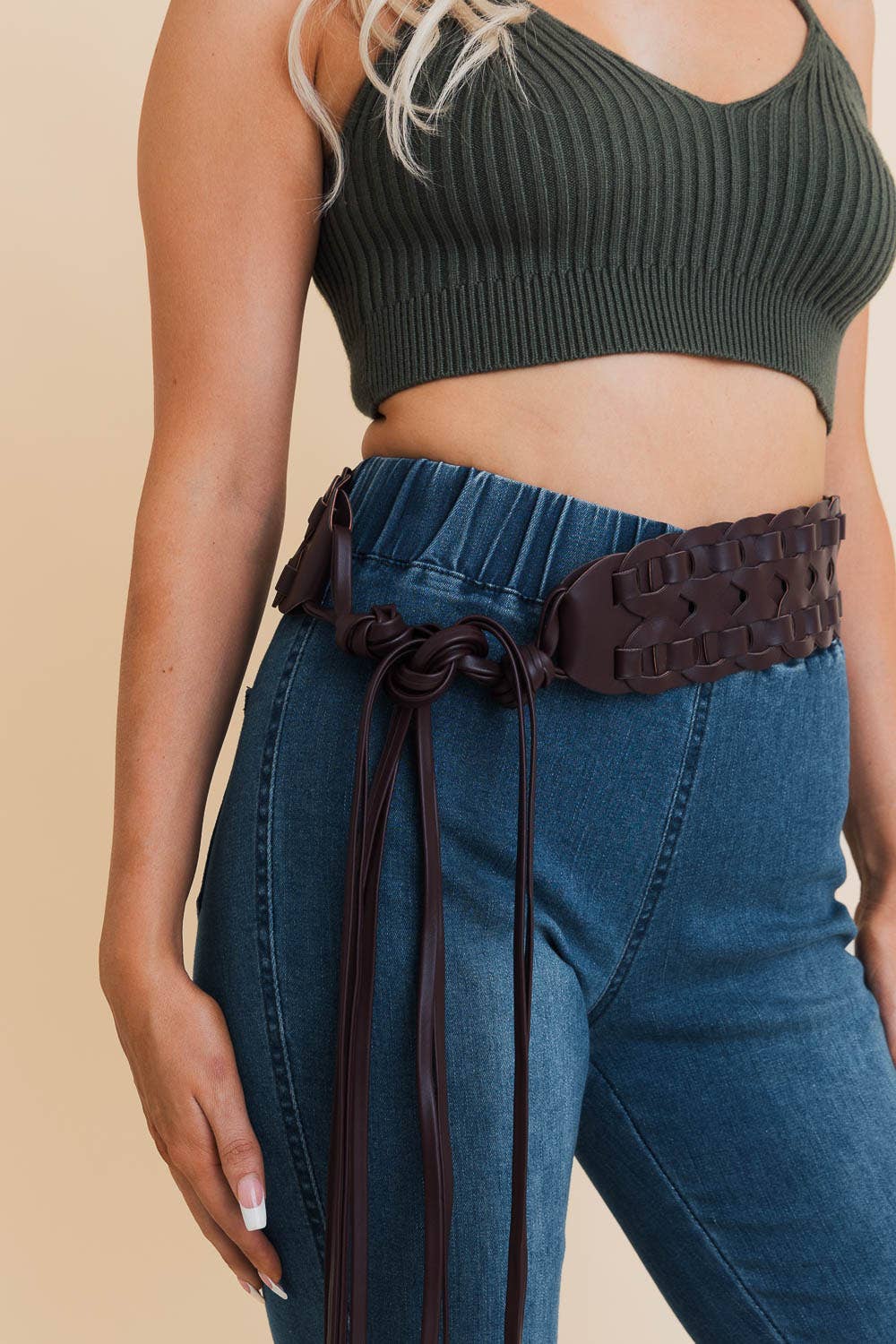 Woven Leather Waist Tie Up Belt