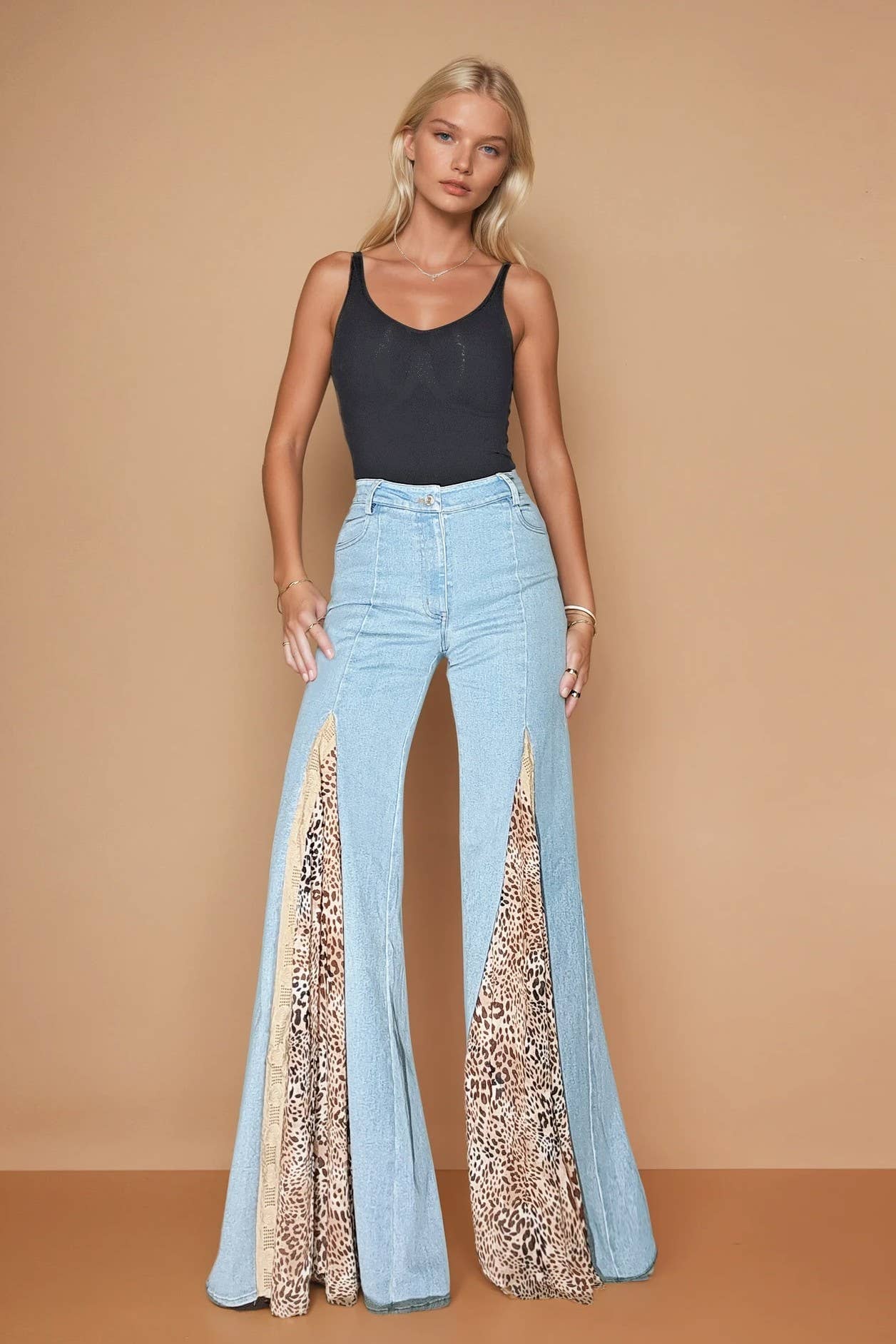 Wisteria Lane LEOPARD AND LACE WIDE LEG BOHO DENIM JEANS