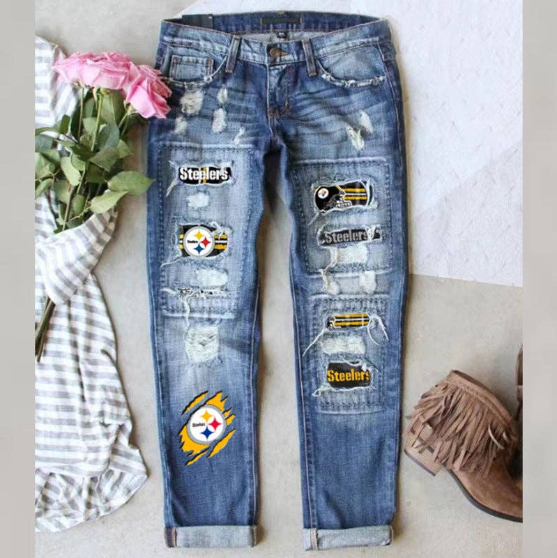 Game Day Distressed Patchwork Ripped Denim Jeans for Women