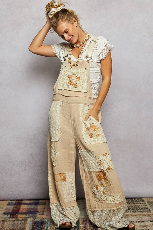 POL Double Gauze Lace Contrast Side Zipper Patchwork Overalls