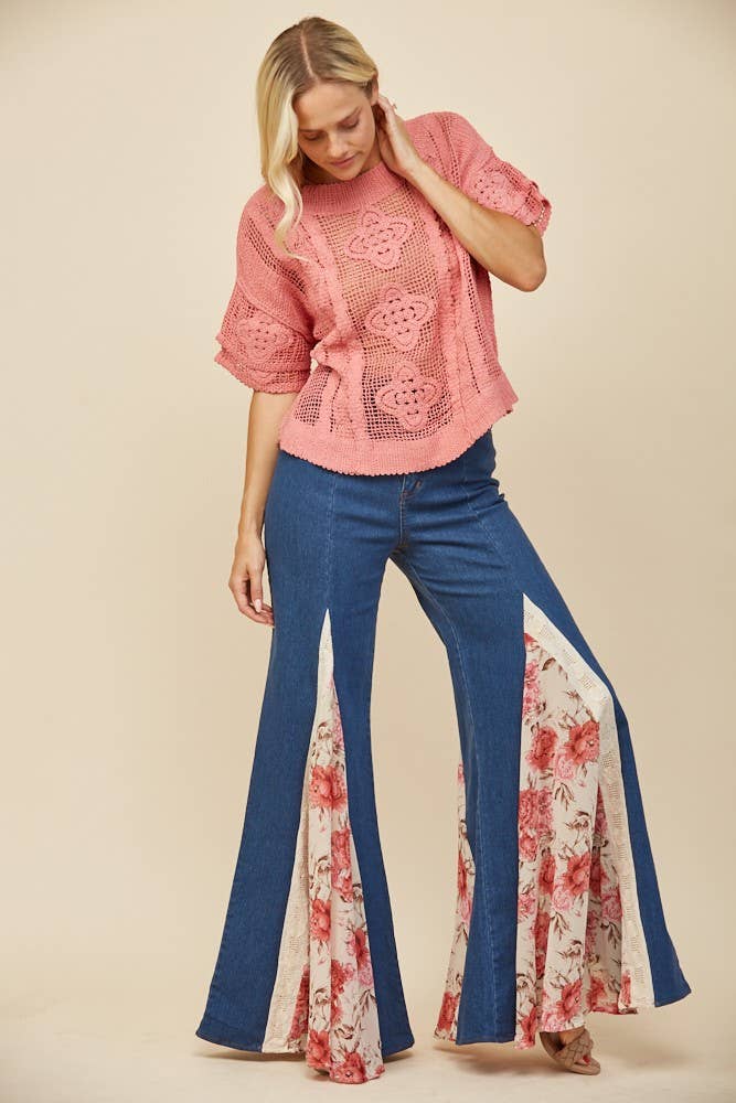Wisteria Lane FLORAL PRINT LACE DETAIL WIDE LEG DENIM JEANS