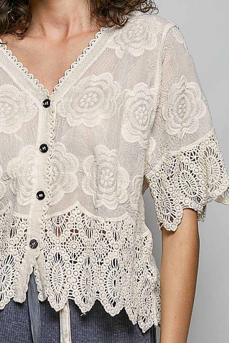 POL Crochet Trim Neckline Short Sleeve Jacket Top