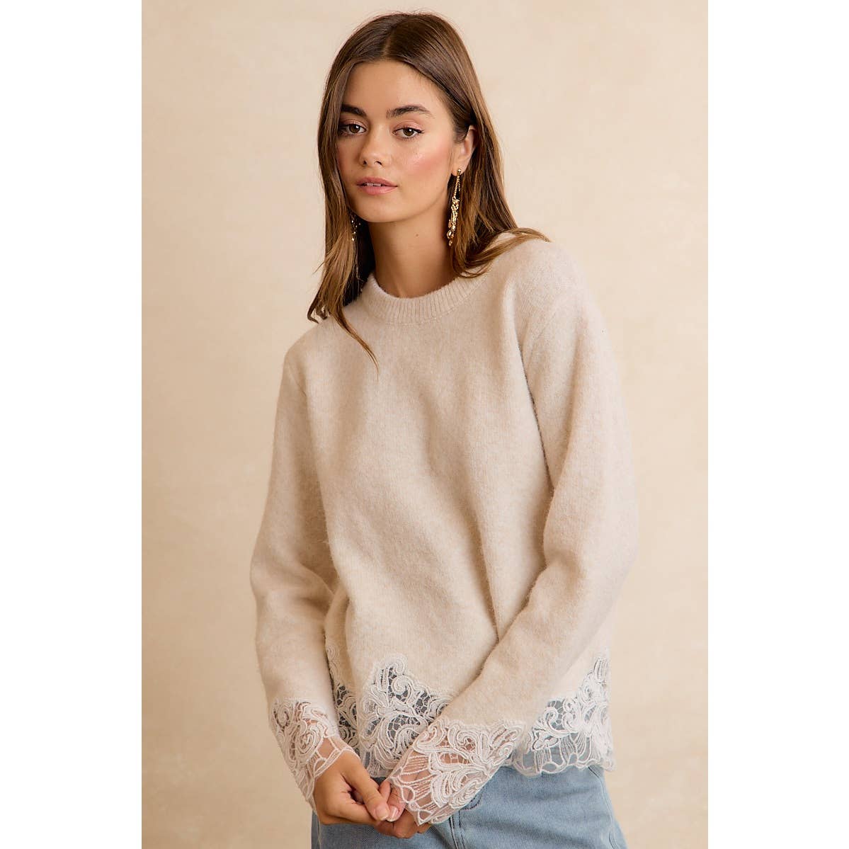 LACE HEM DETAIL CREW NECK SWEATER