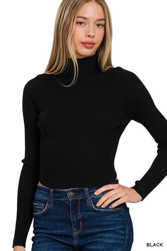 Ribbed Cropped Curved Hem Turtleneck Sweater