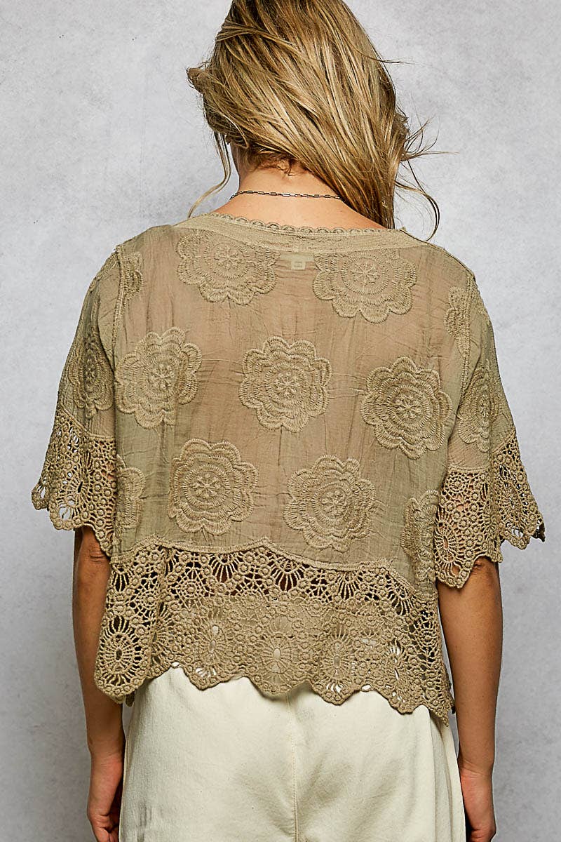 POL Crochet Trim Neckline Short Sleeve Jacket Top