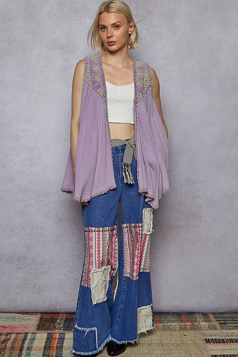 Open front embroidered pearls sleeveless cardigan top SALE