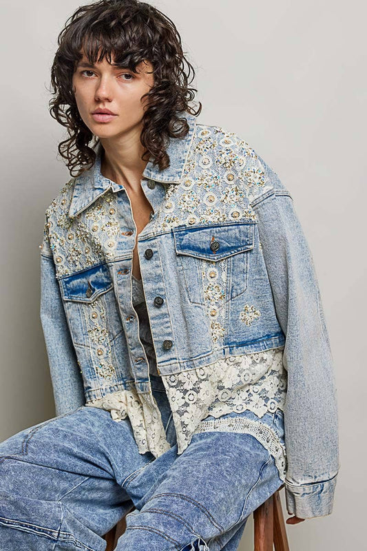 POL Cropped Contrast Panel Lace Hem Denim Jacket
