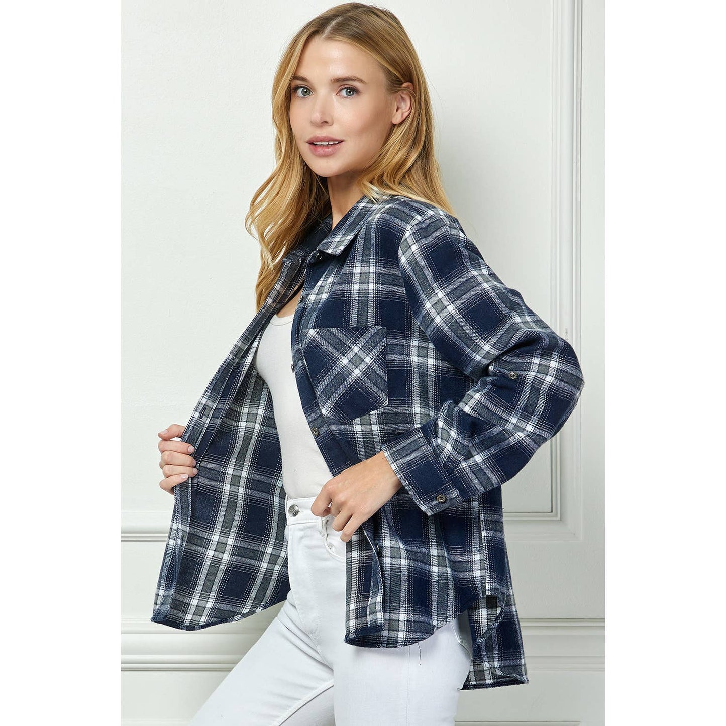 PLAID FLANNEL ROLL SLEEVES  COLLAR NECK SHIRTS