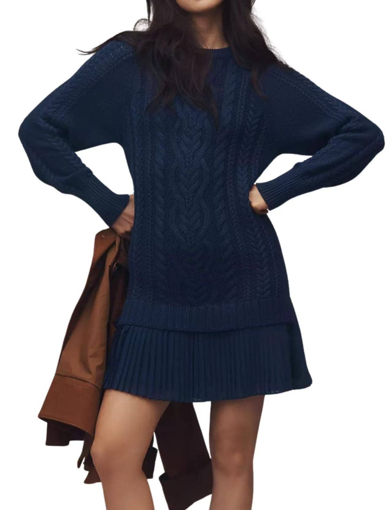Fashion Patchwork Mesh Cable Knit Sweater Dress