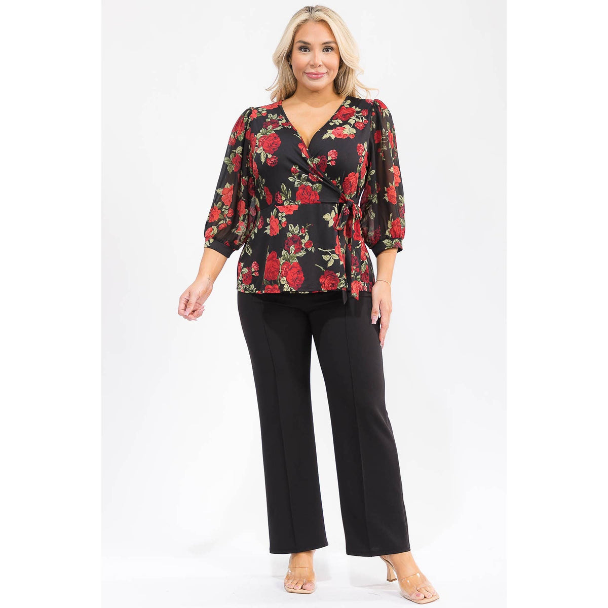 PLUS FLORAL PRINT SLEEVE PUFF MIX MEDIA WRAP