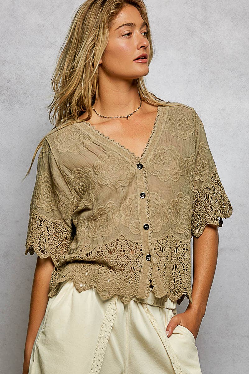 POL Crochet Trim Neckline Short Sleeve Jacket Top