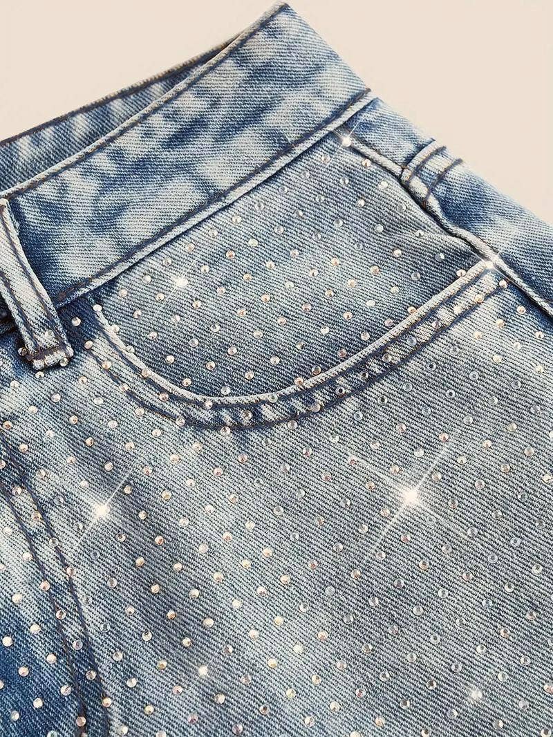 Shiny Rhinestone Straight Wide-Leg Jeans