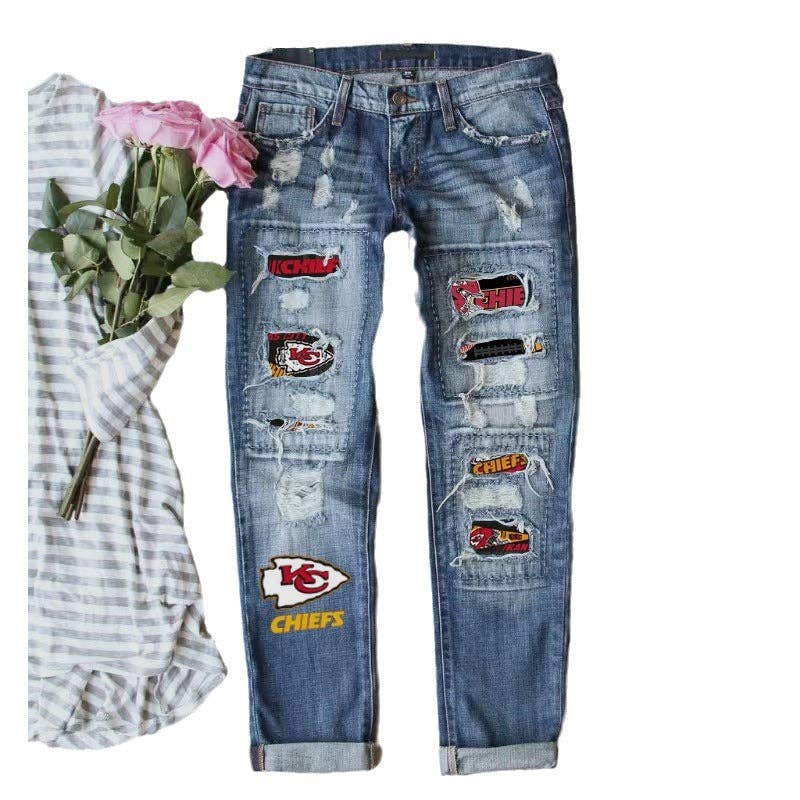 Game Day Distressed Denim Jeans with Printed Patches
