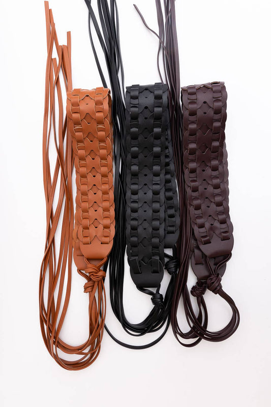 Woven Leather Waist Tie Up Belt