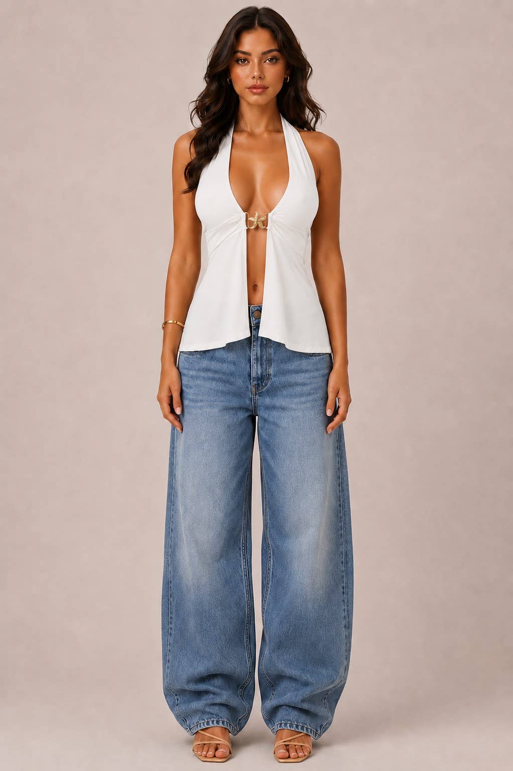 JK57113 - HALTER NECK STARFISH BUCKLE TRIM TANK TOP