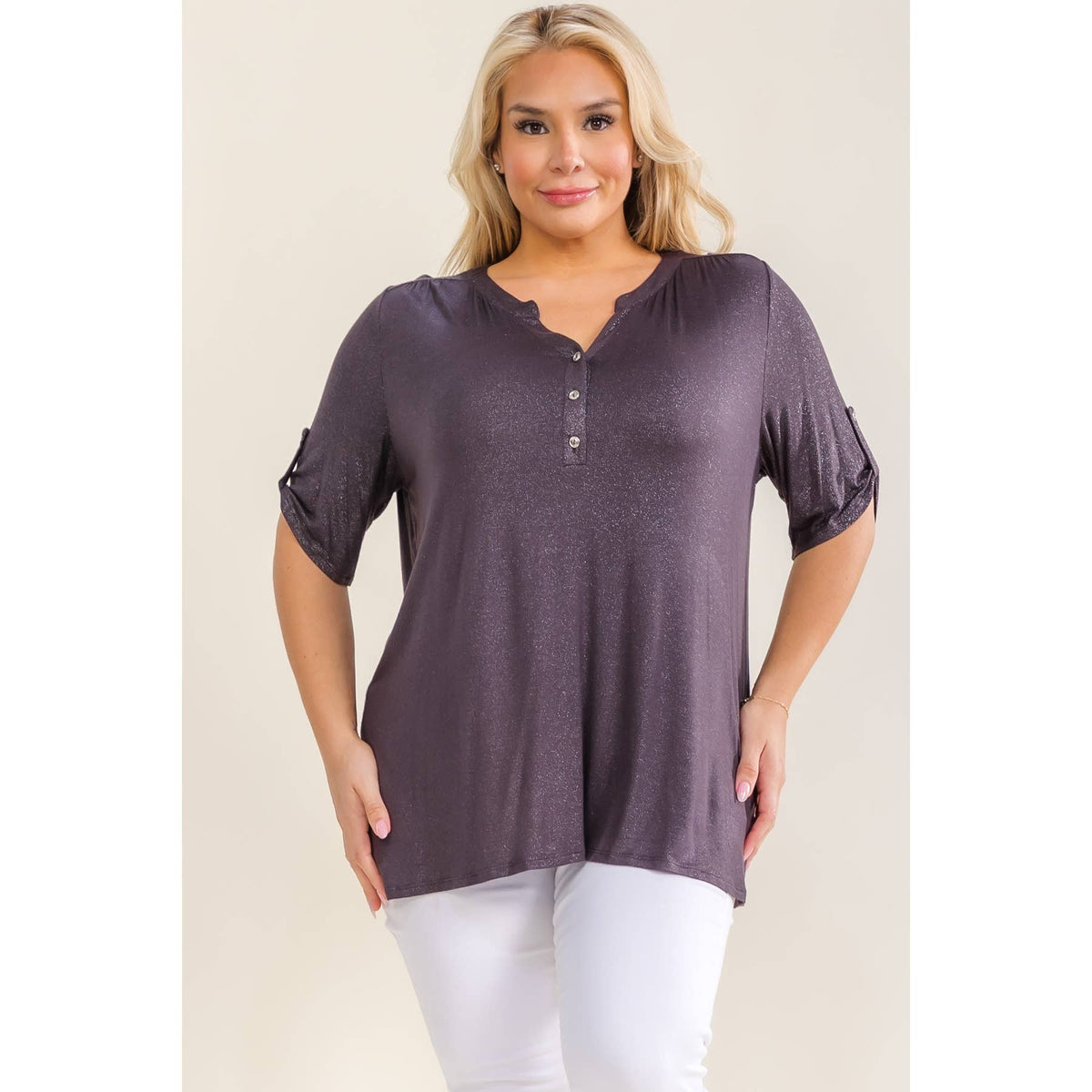 PLUS BUTTON FRONT GLITTER SHIRT
