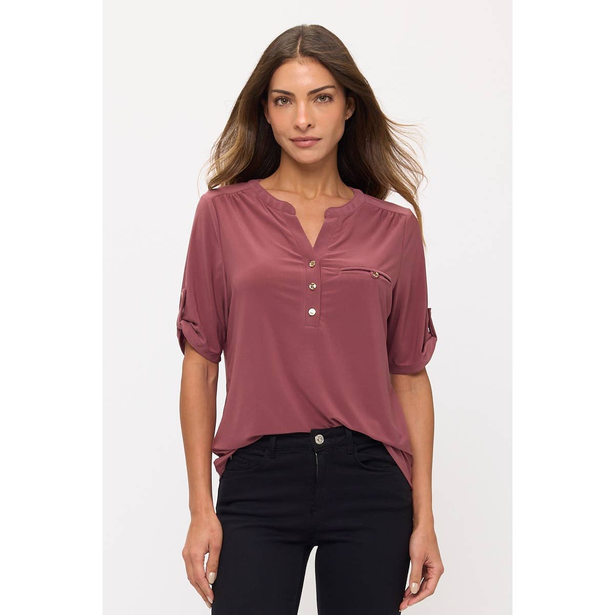 ITY HALF PLACKET FAUX POCKET SHIRT