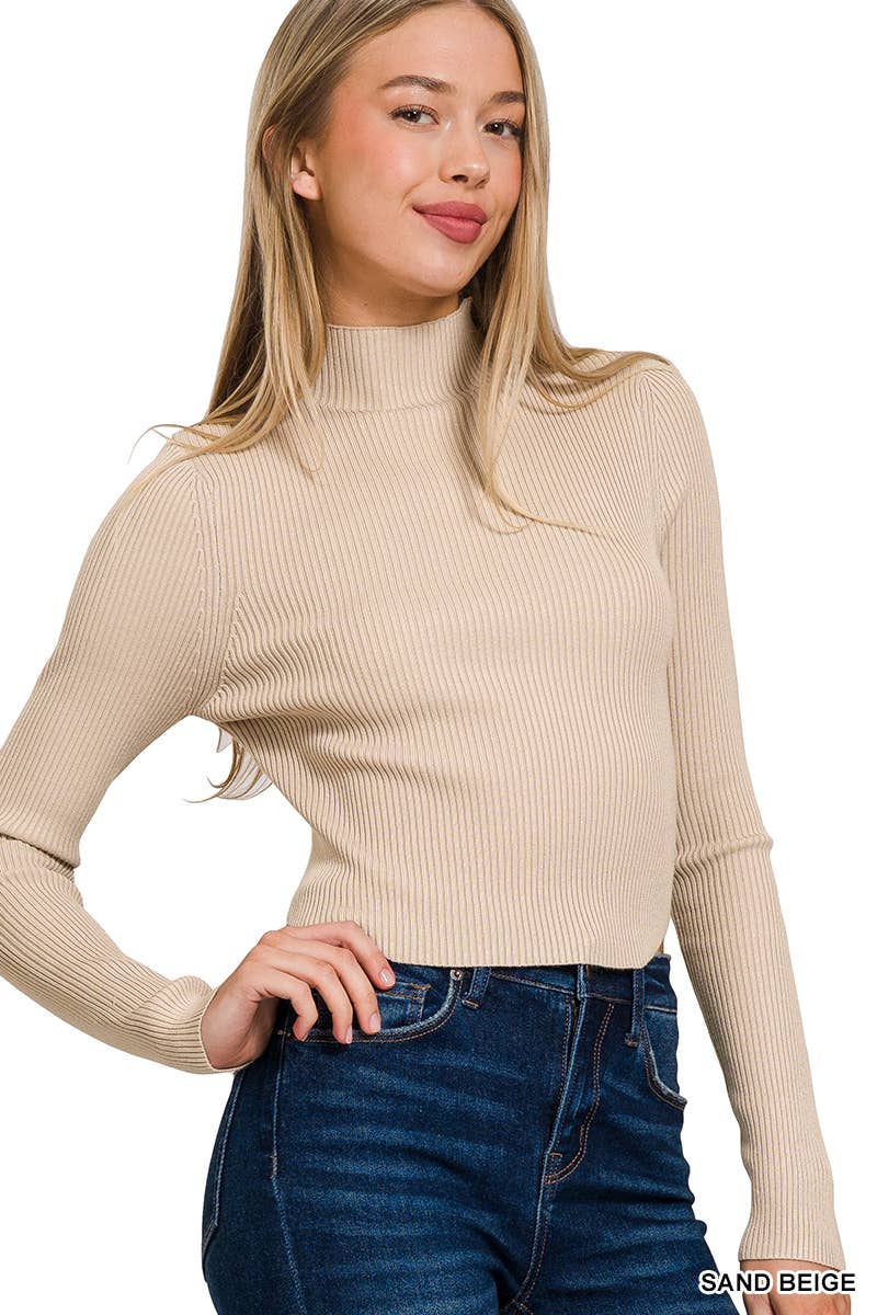 Ribbed Cropped Curved Hem Turtleneck Sweater