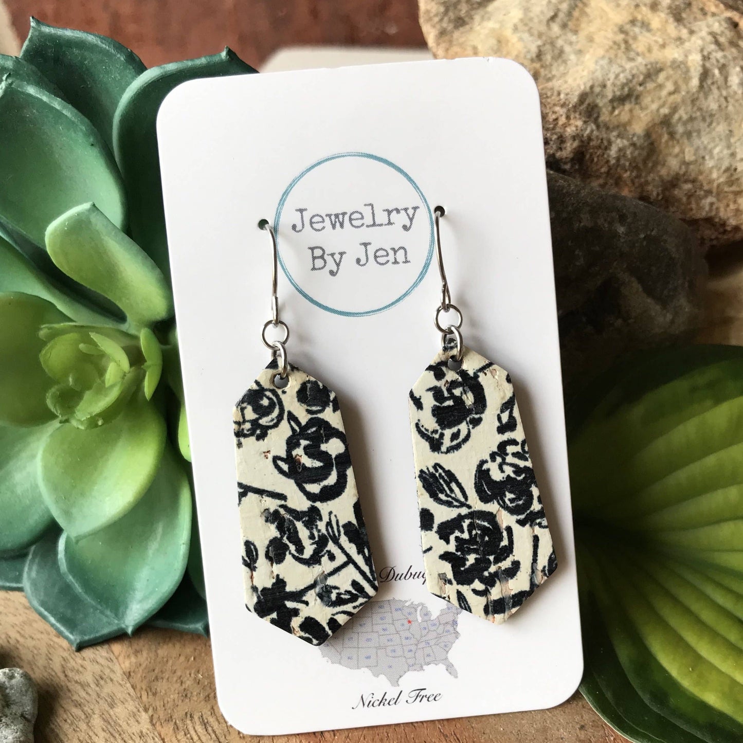 Diamond Bar: Black Floral on White Cork Earrings