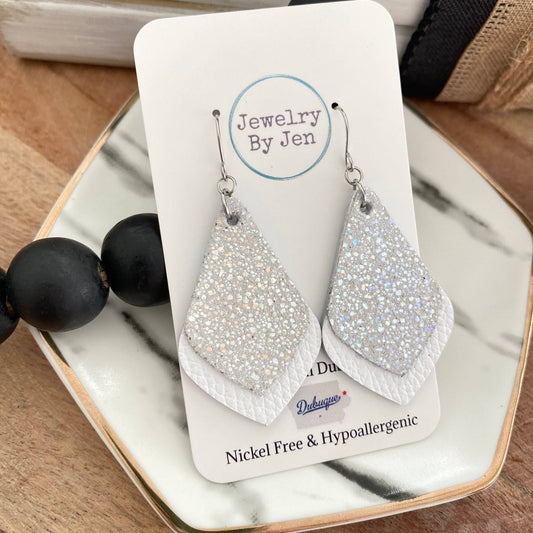 Elegant Teardrop Layered: Silver Iridescent & White Earrings