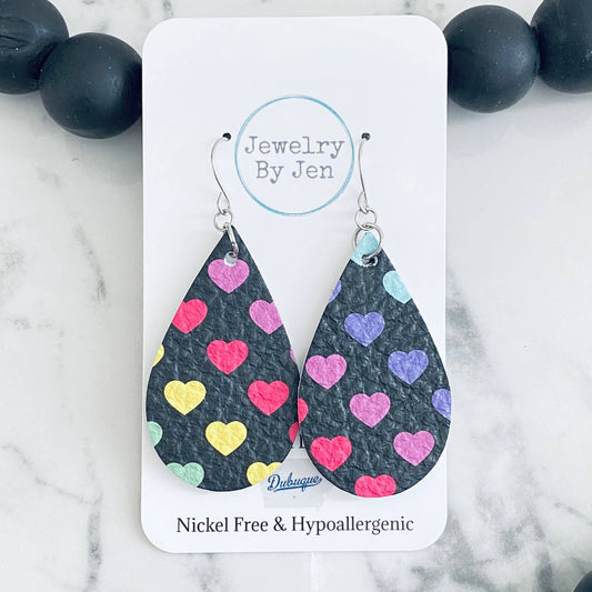 Medium Teardrop Earrings: Rainbow Hearts