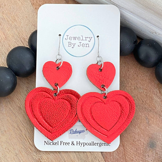 Embossed Double Heart Earrings: Metallic Red sale