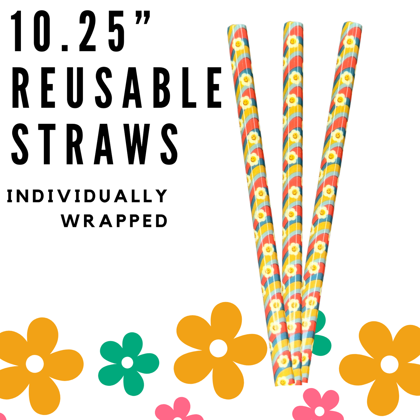 Striped Daisy Flower ~ 10.25" Long Printed Plastic Straws ~ IND WRAPPED