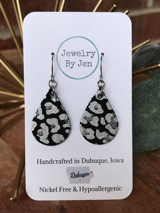 Small Teardrop: Black & Silver Leopard Earrings