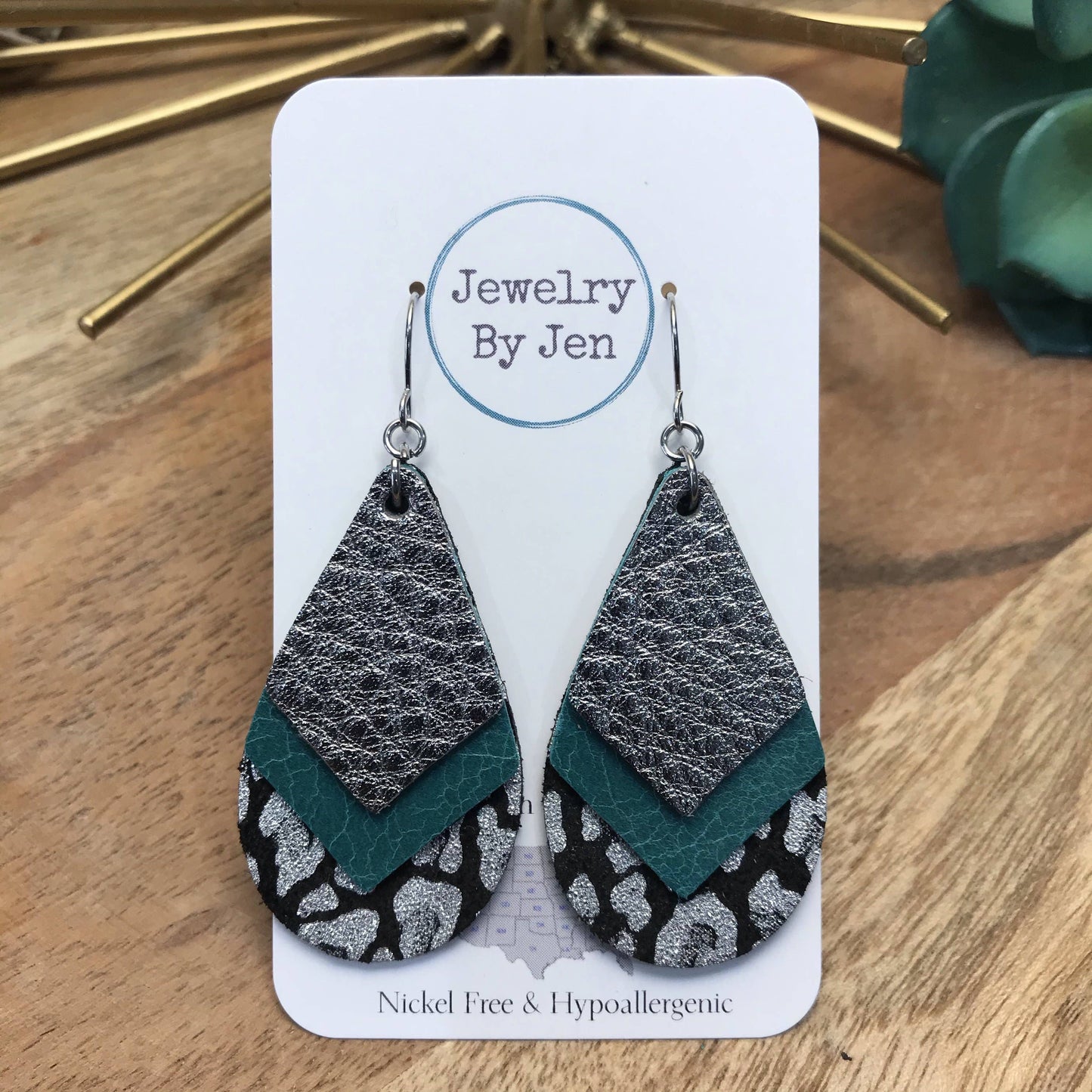 Triple Stacked Teadrop: Gunmetal, Teal & Black Leopard Earrings