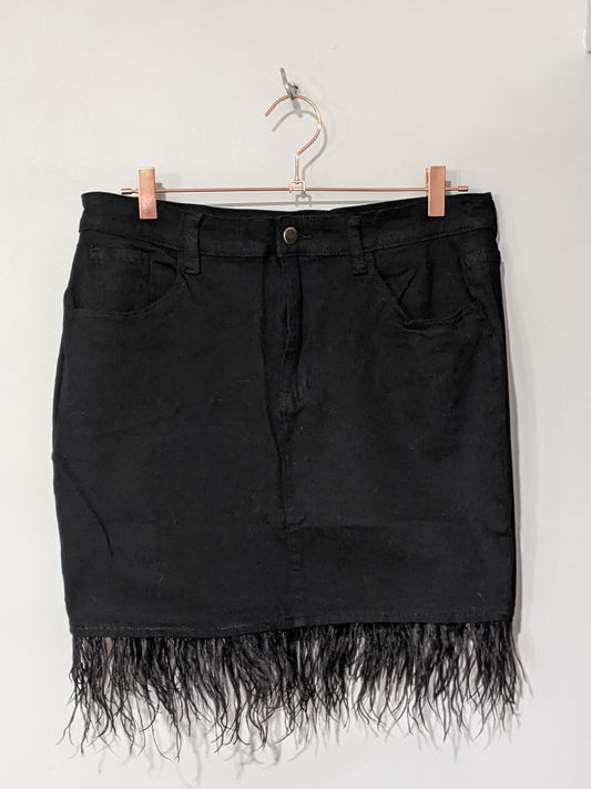 Black Feather Denim Skirt