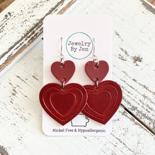 Embossed Double Heart Earrings: Deep Red sale